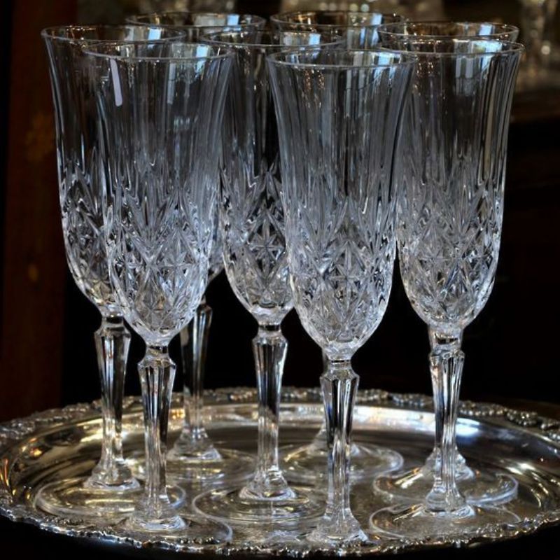 Crystal. glass and silverwear.  Photo of a set of crystal glasses