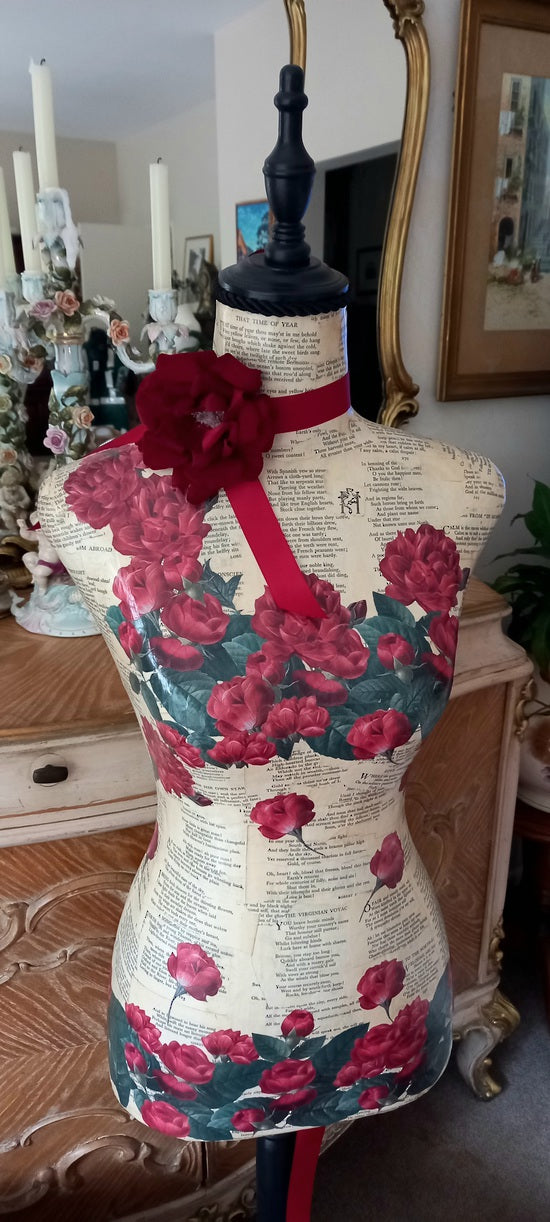 Artisan Decoupage Mannequin Covered in Poetry & Roses