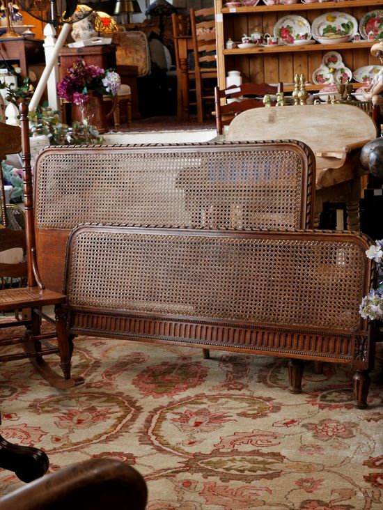 Vintage French Cane & Oak Bed