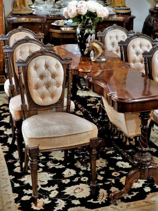 Six Walnut Button Backed Dining Chairs