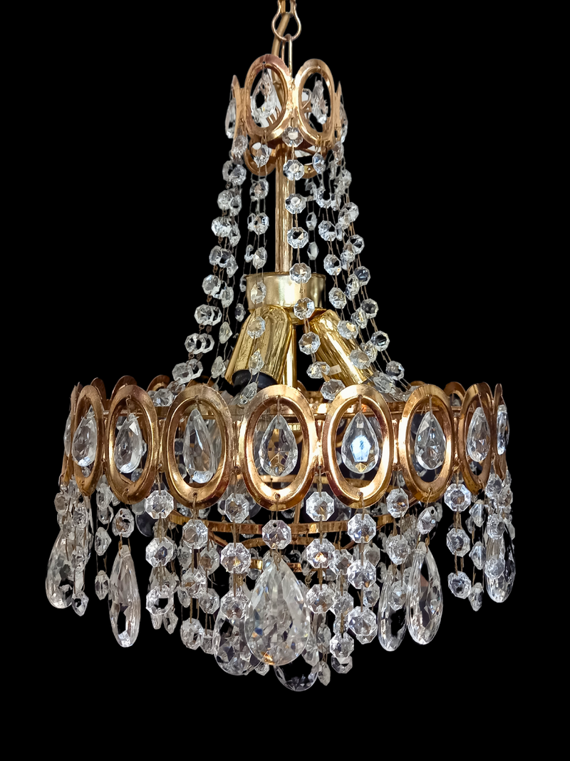 Small Vintage Crystal & Brass Chandelier