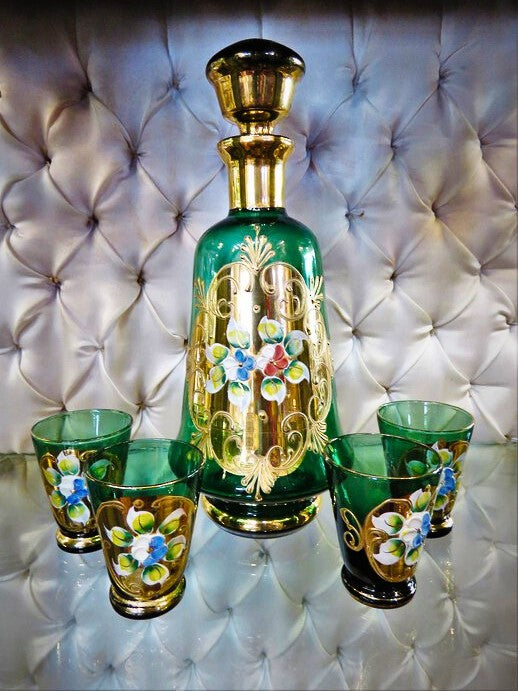 Green Venetian Glass Decanter Set